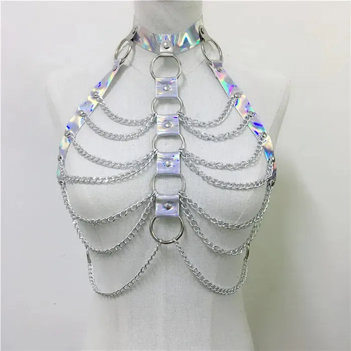 Gothic Faux Leather Holographic Outfit Sexy Backless Metal Chain Tops Adjustable Mini Skirt Night Party Rave Festival 2 Pcs Set