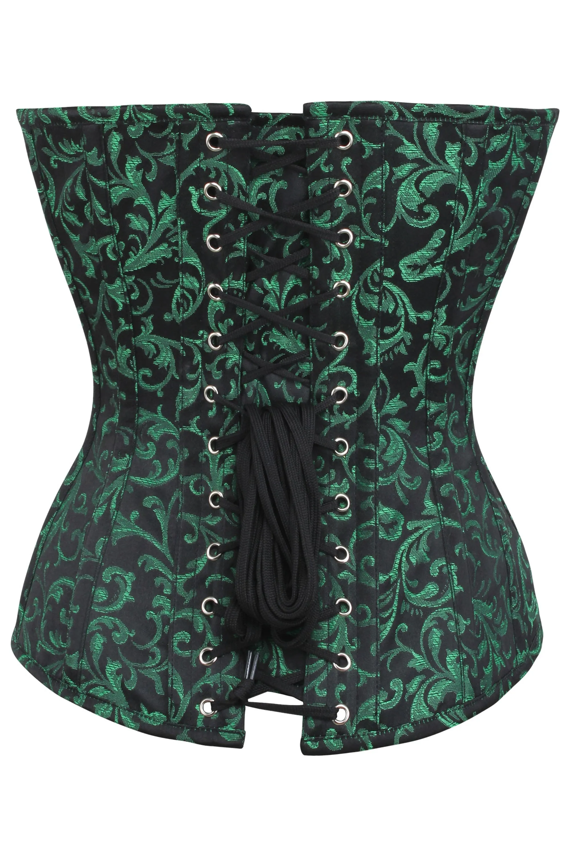 Green and Black Brocade Overbust Corset with Front Zip and Button Detailing