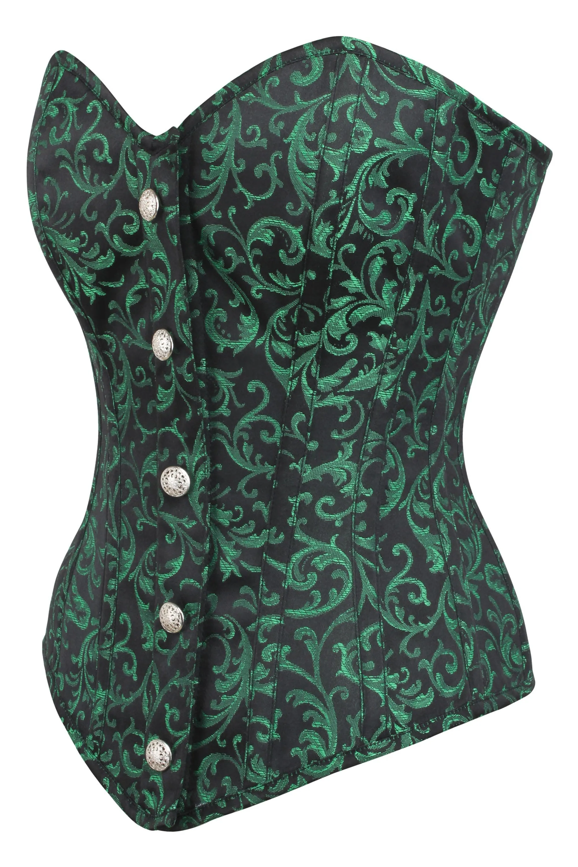 Green and Black Brocade Overbust Corset with Front Zip and Button Detailing
