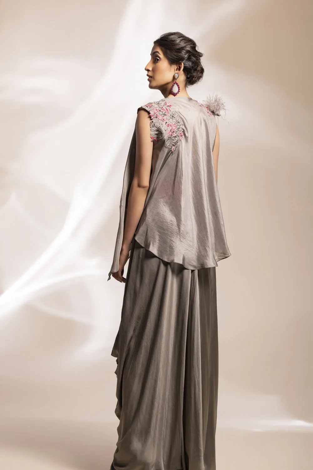 Grey Satin Assymetrical Dress With Fuchsia Belt   Feathered Satin Jacket