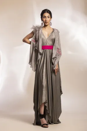 Grey Satin Assymetrical Dress With Fuchsia Belt   Feathered Satin Jacket
