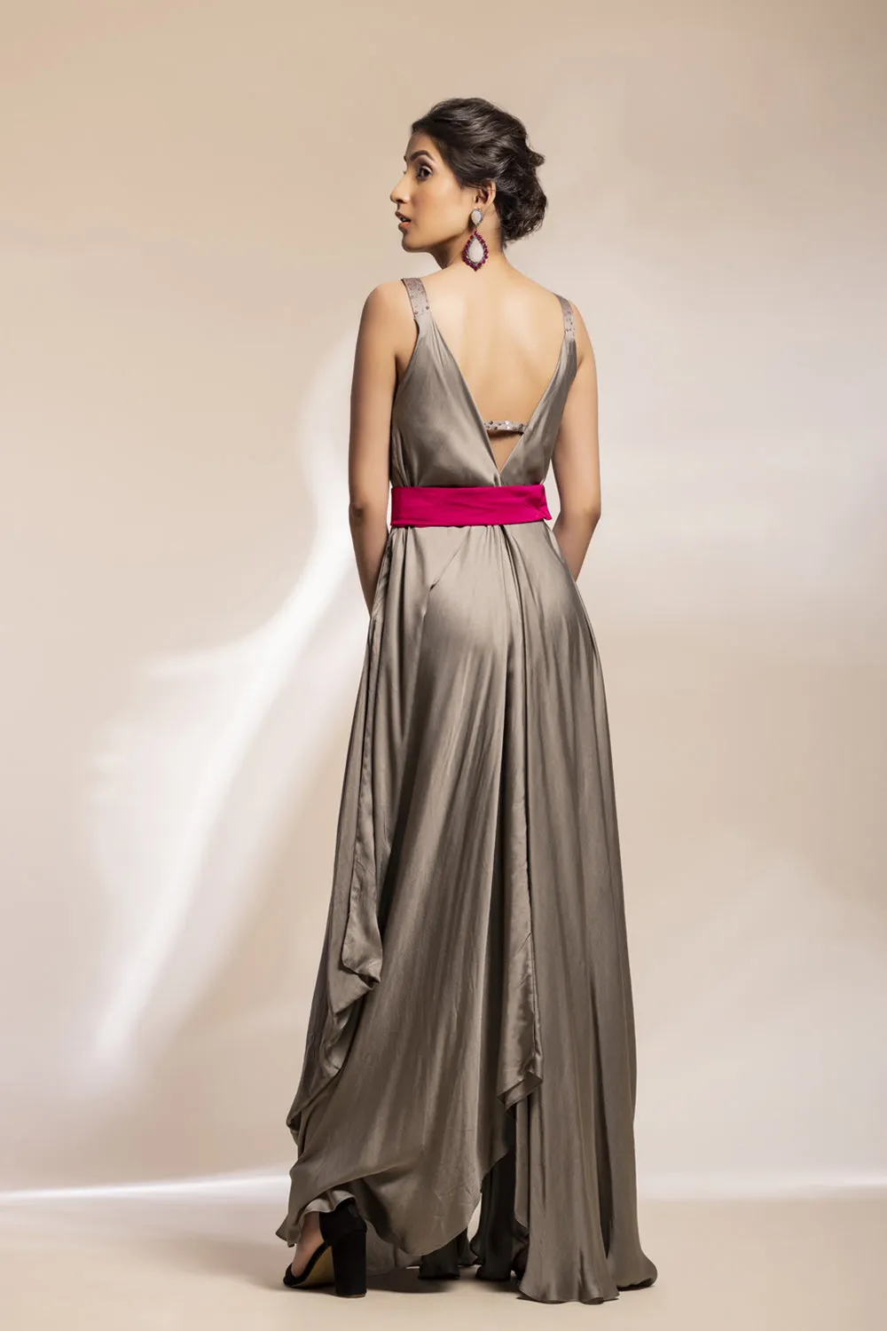 Grey Satin Assymetrical Dress With Fuchsia Belt   Feathered Satin Jacket