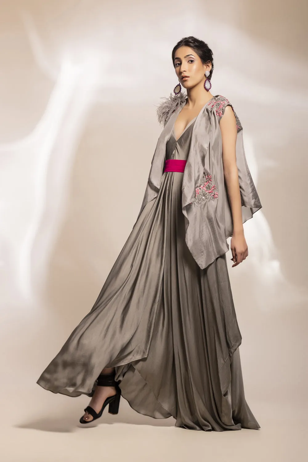 Grey Satin Assymetrical Dress With Fuchsia Belt   Feathered Satin Jacket