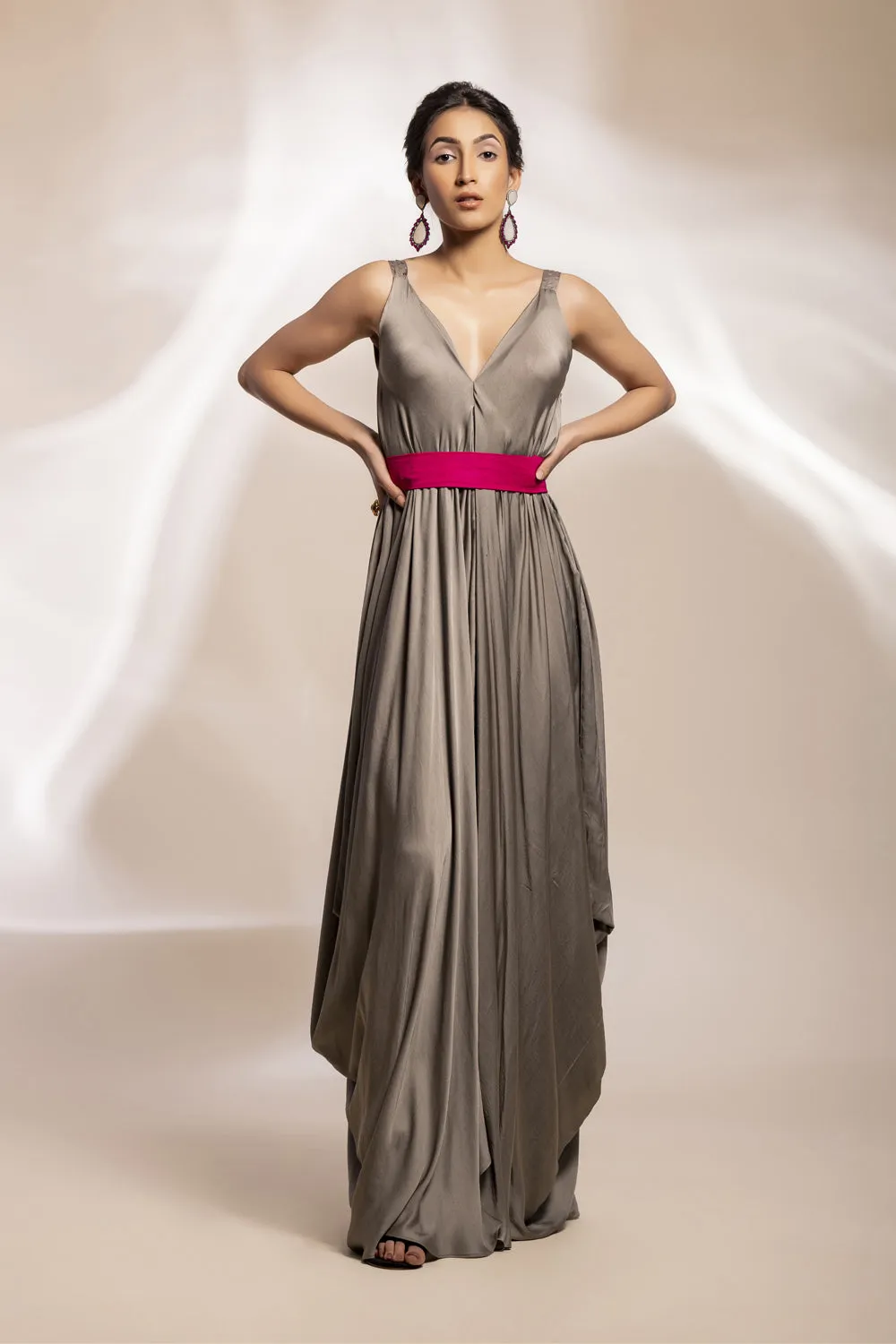 Grey Satin Assymetrical Dress With Fuchsia Belt   Feathered Satin Jacket