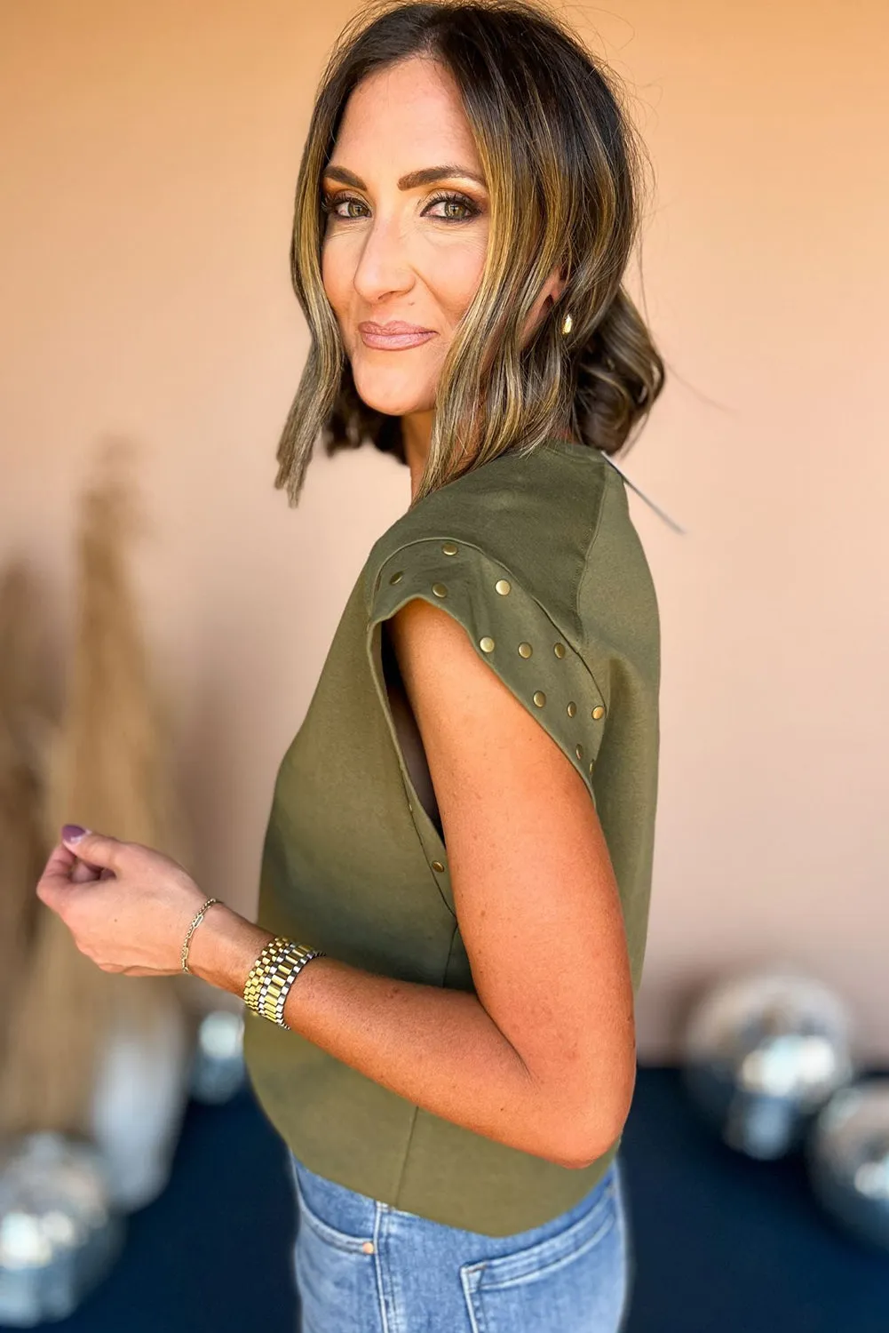 Guacamole Green Olive Studded Short Sleeve Top
