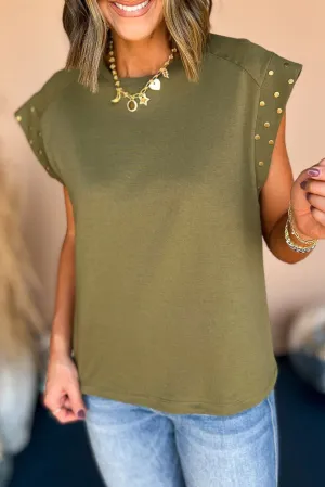 Guacamole Green Olive Studded Short Sleeve Top