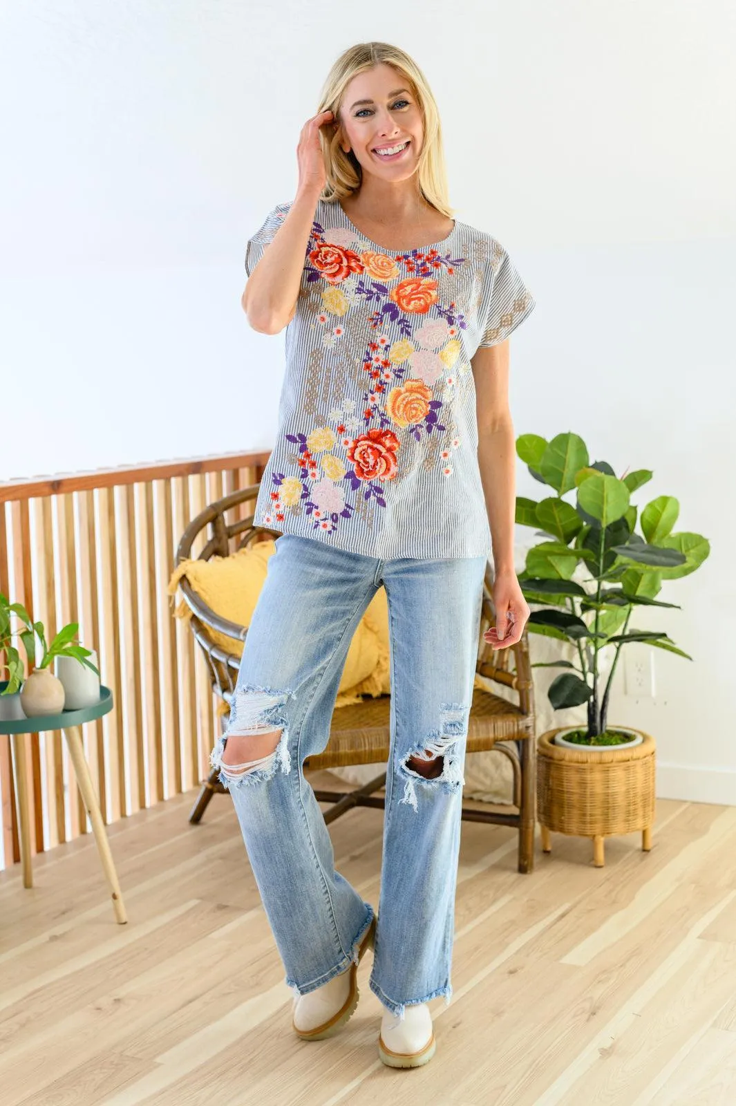Hazel Blues® | Canopy Of Crushes Striped Floral Top