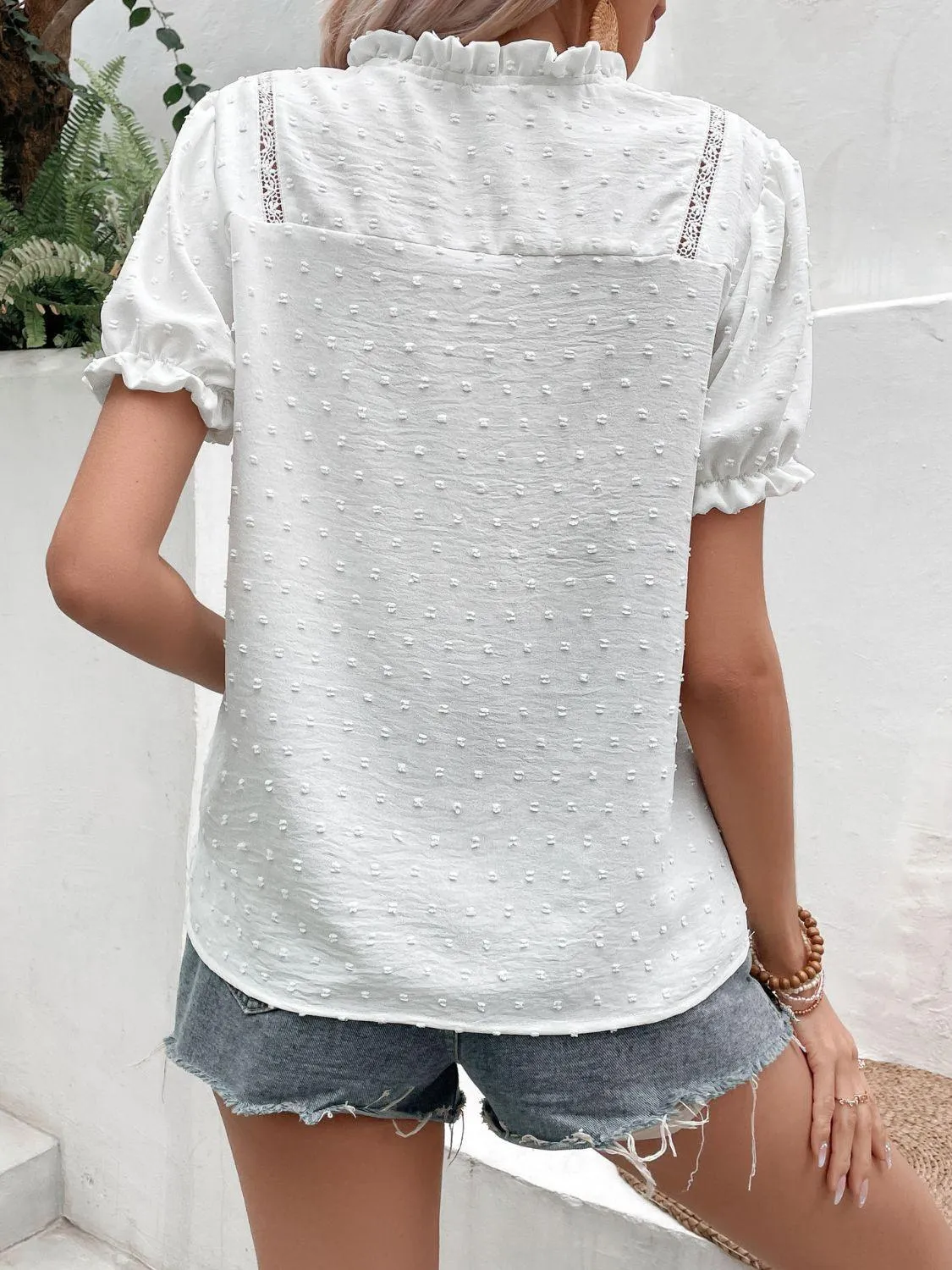 Hazel Blues® | Swiss Dot Buttoned Puff Sleeve Blouse