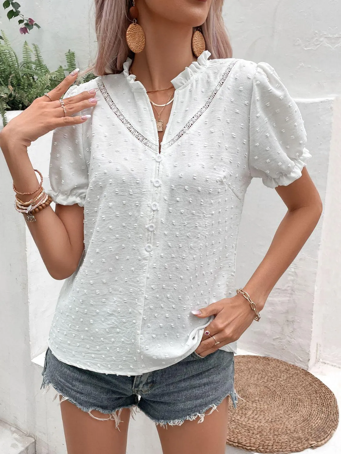 Hazel Blues® | Swiss Dot Buttoned Puff Sleeve Blouse