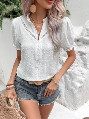 Hazel Blues® | Swiss Dot Buttoned Puff Sleeve Blouse