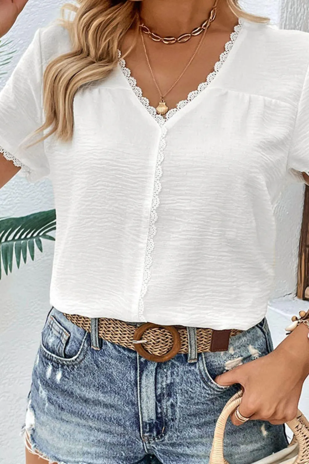 Hazel Blues® |  Textured Lace Trim Tee Shirt