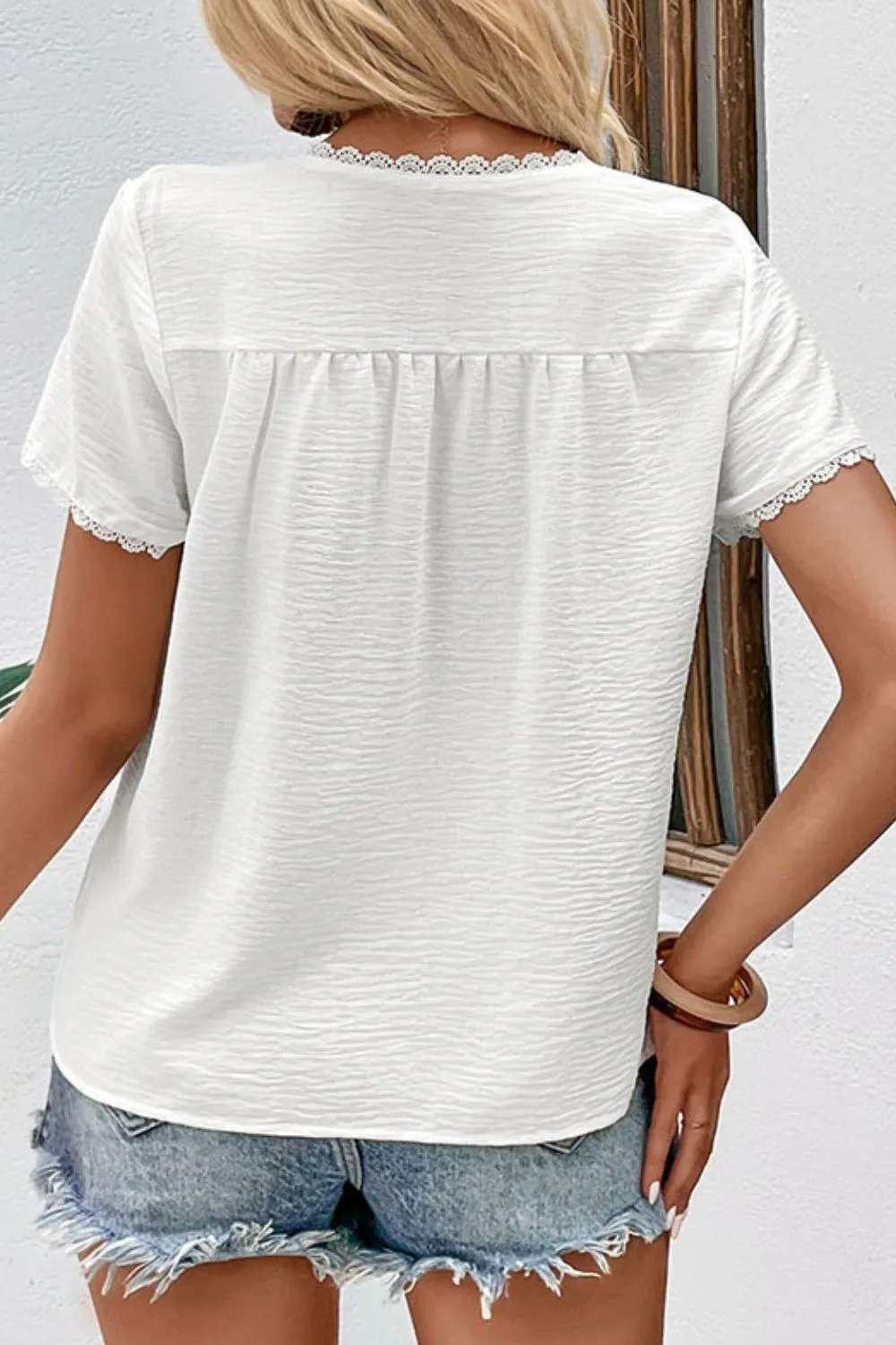 Hazel Blues® |  Textured Lace Trim Tee Shirt