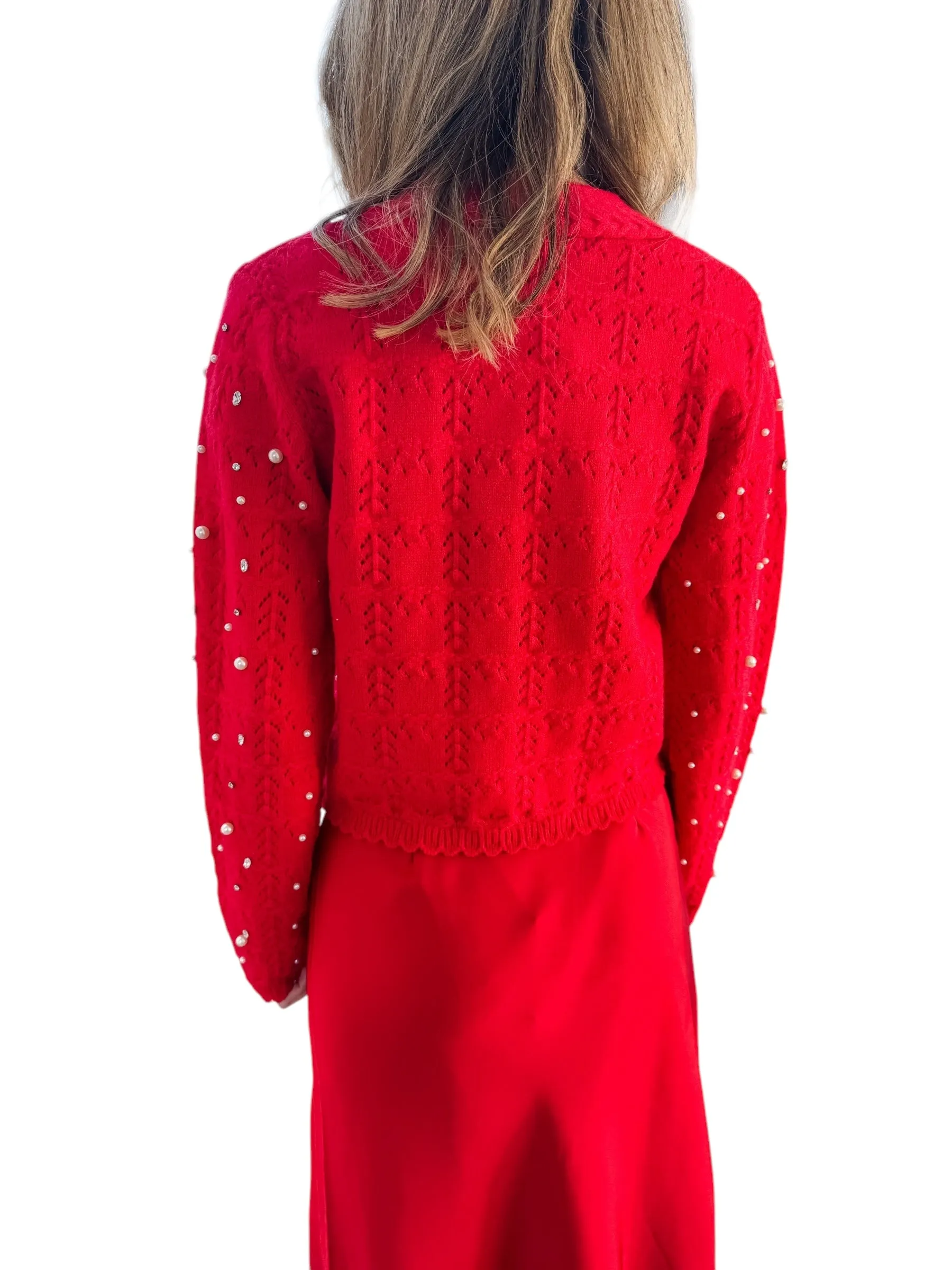 Holiday Glam Red Pearl Rhinestone Cardigan