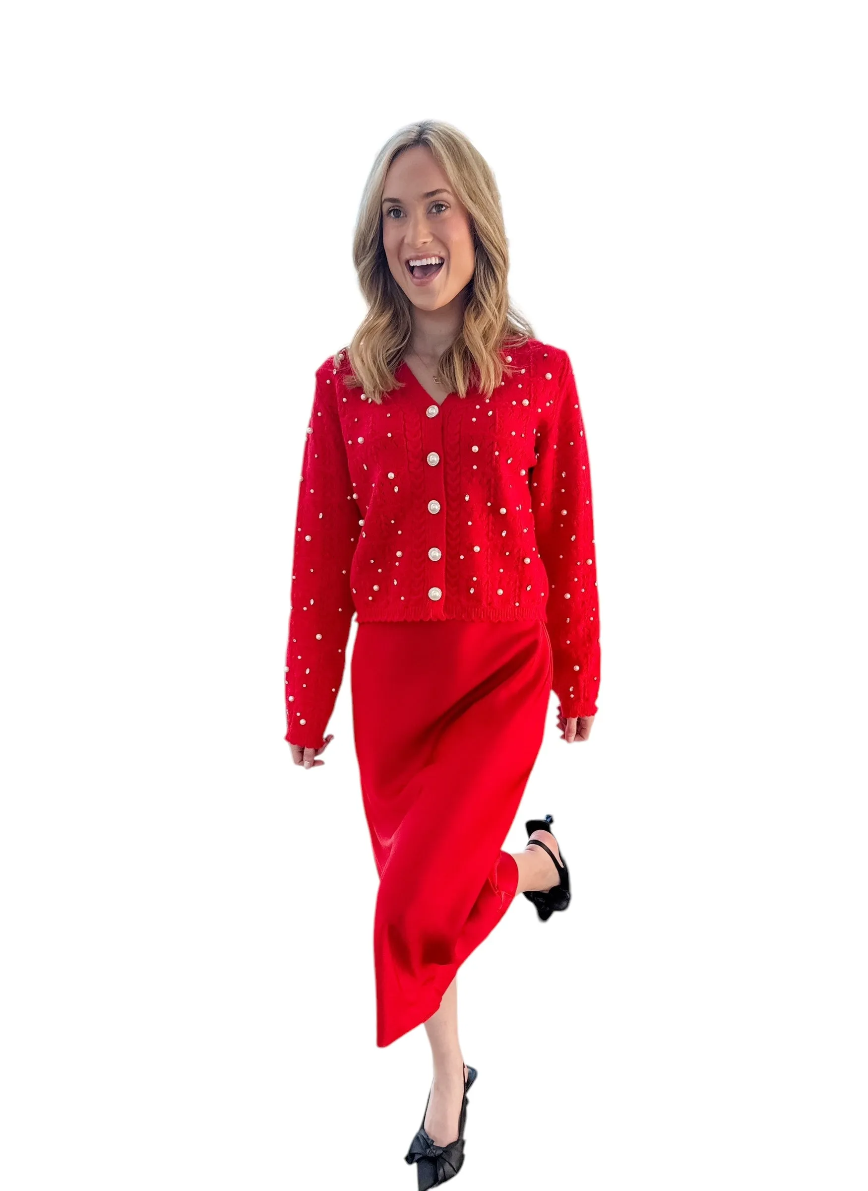 Holiday Glam Red Pearl Rhinestone Cardigan