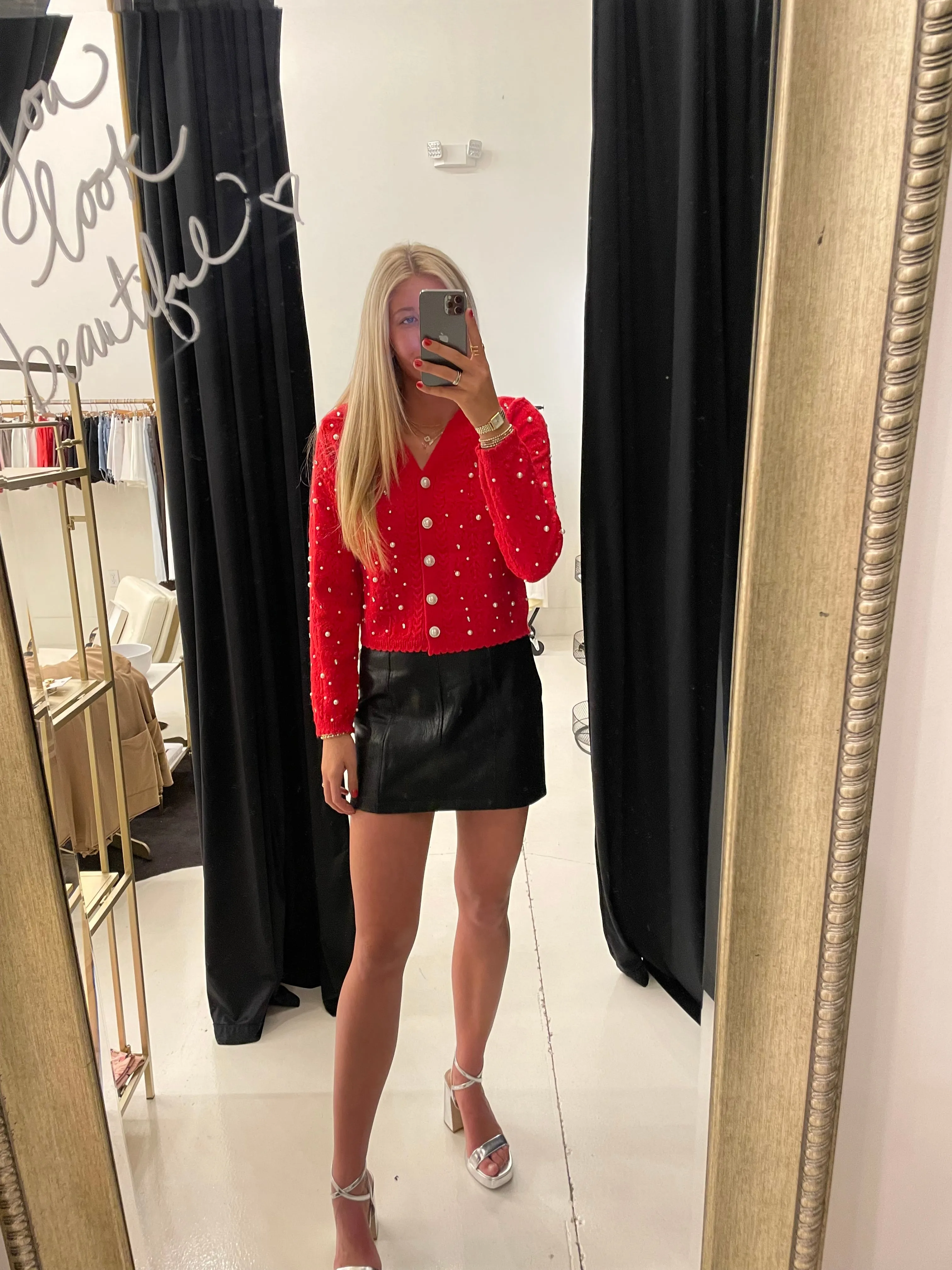 Holiday Glam Red Pearl Rhinestone Cardigan
