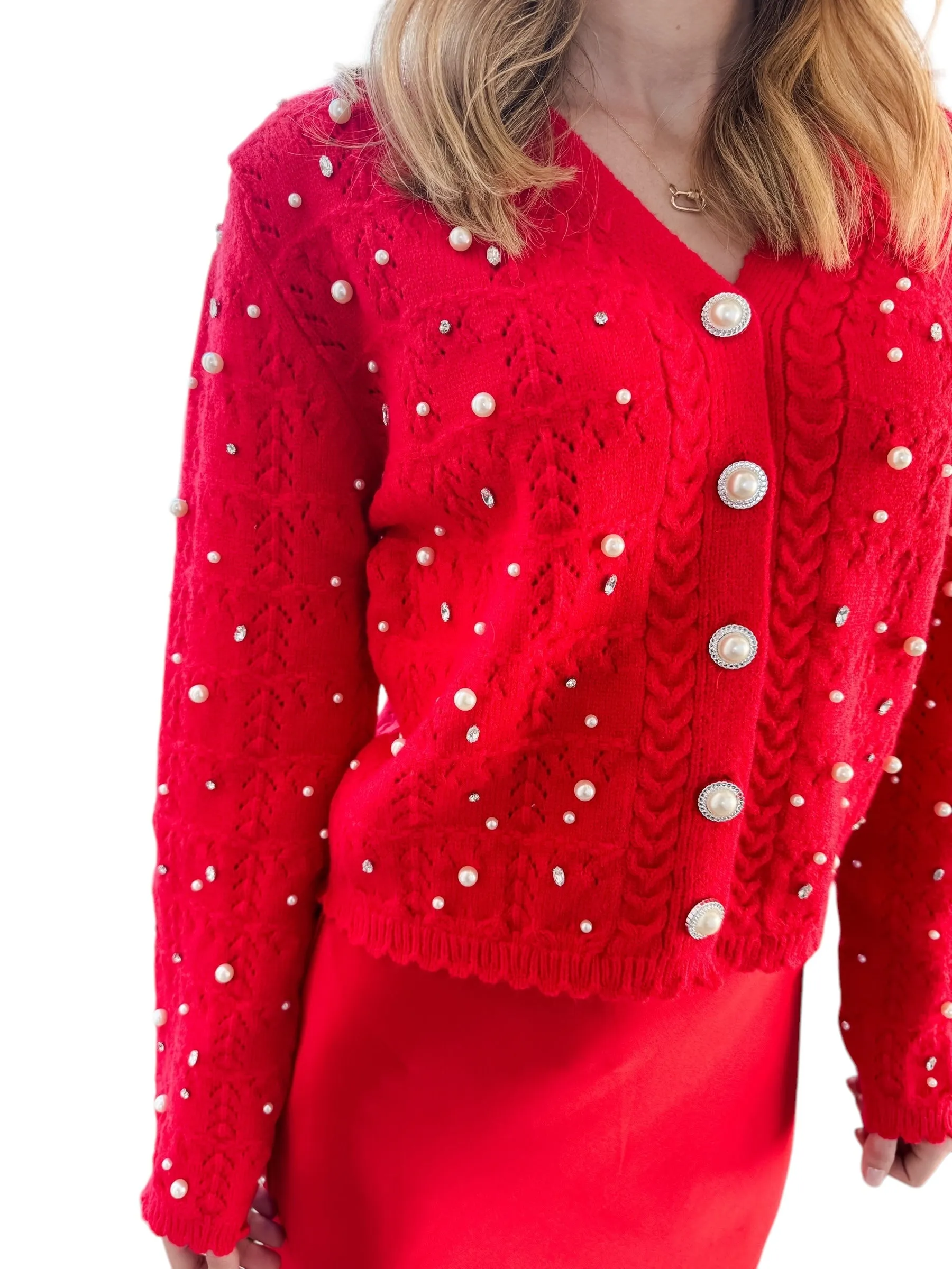 Holiday Glam Red Pearl Rhinestone Cardigan