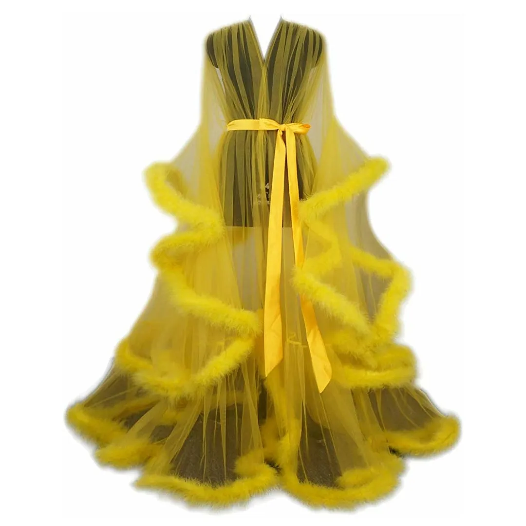 Hollywood Glam Sheer Fluffy Floor-length Feather Tulle Robe