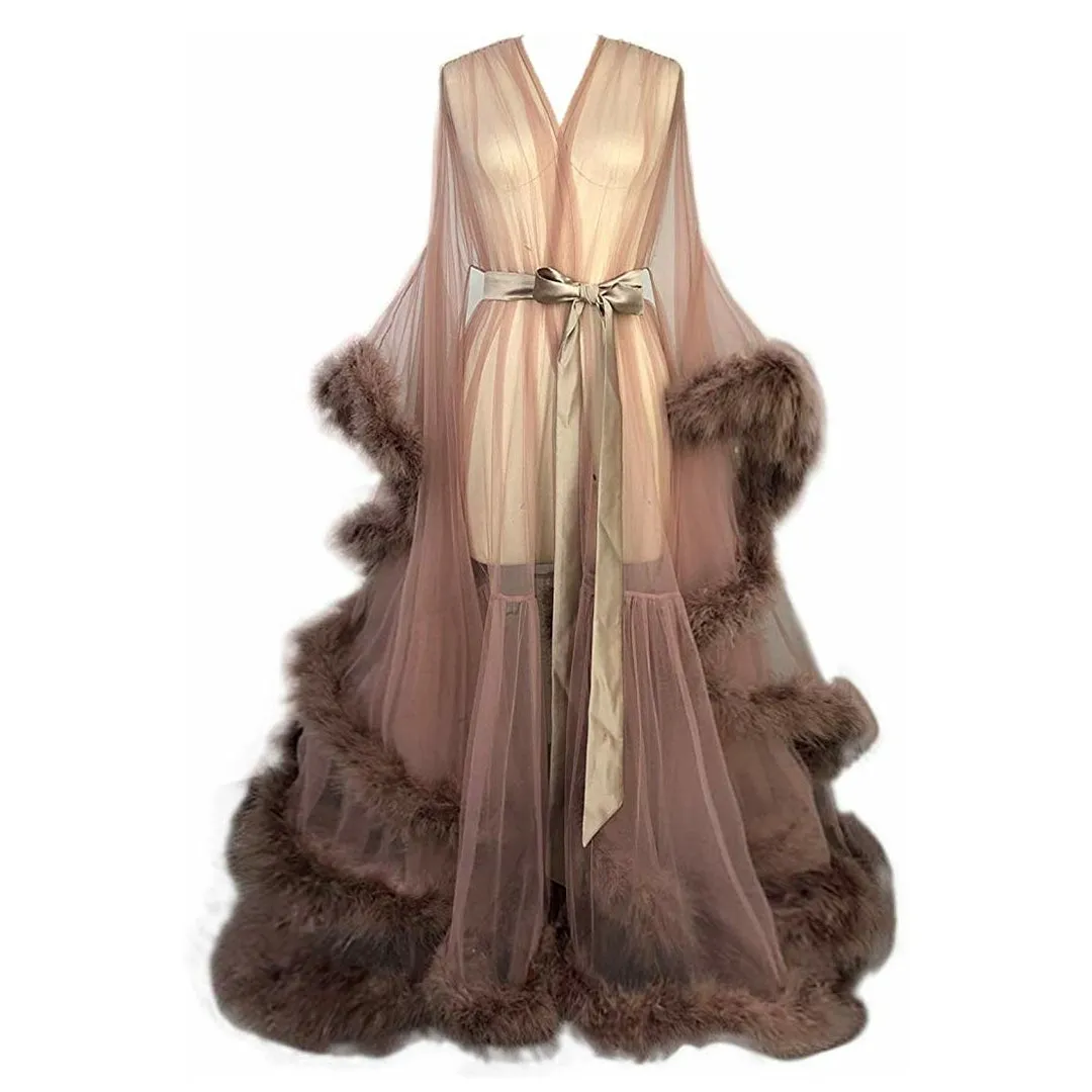 Hollywood Glam Sheer Fluffy Floor-length Feather Tulle Robe