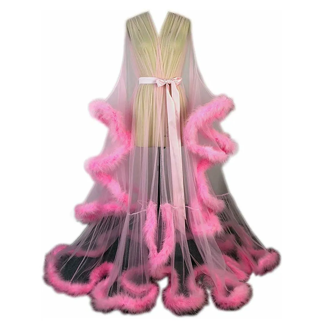 Hollywood Glam Sheer Fluffy Floor-length Feather Tulle Robe
