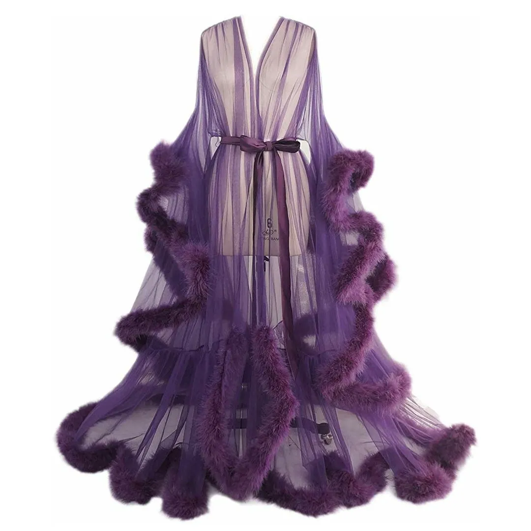 Hollywood Glam Sheer Fluffy Floor-length Feather Tulle Robe