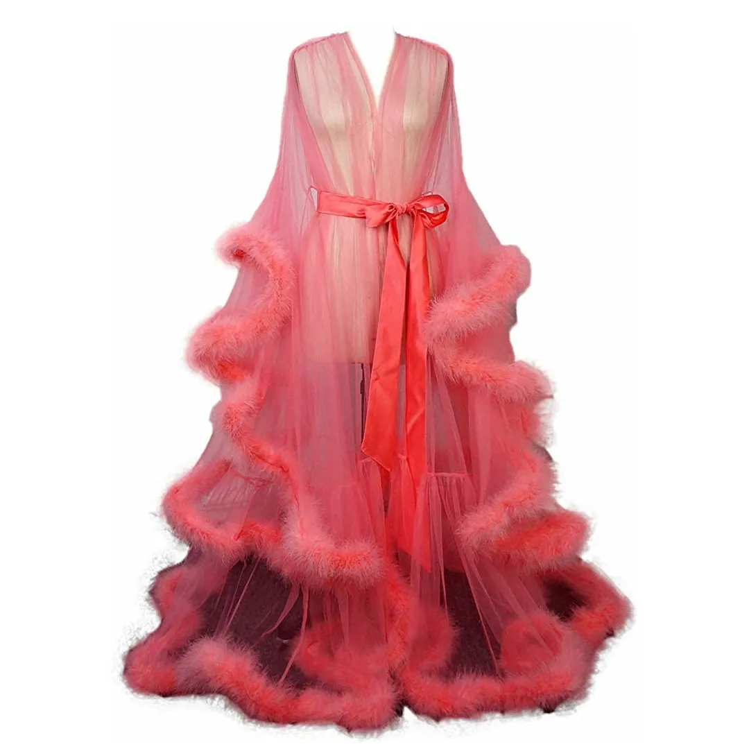 Hollywood Glam Sheer Fluffy Floor-length Feather Tulle Robe