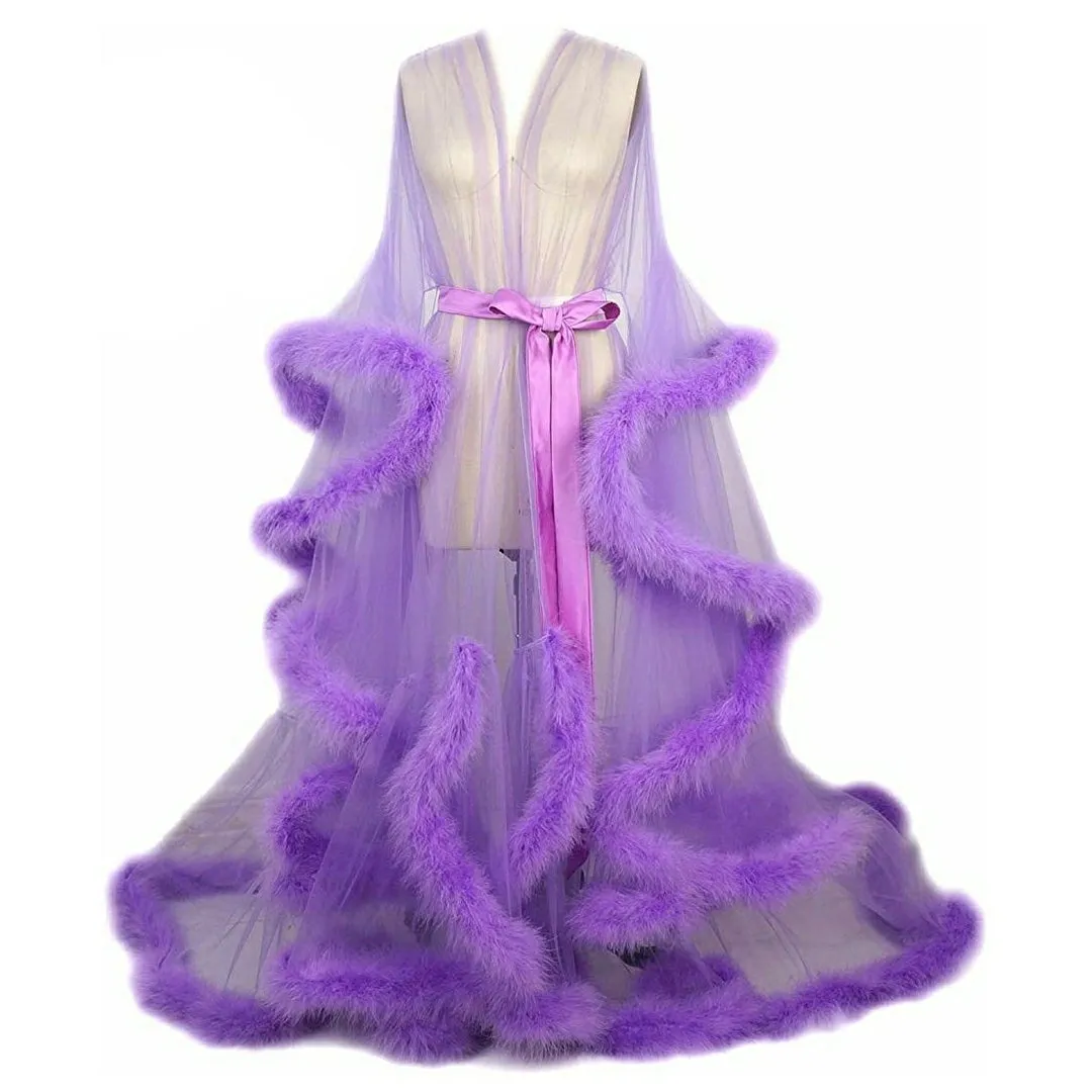 Hollywood Glam Sheer Fluffy Floor-length Feather Tulle Robe