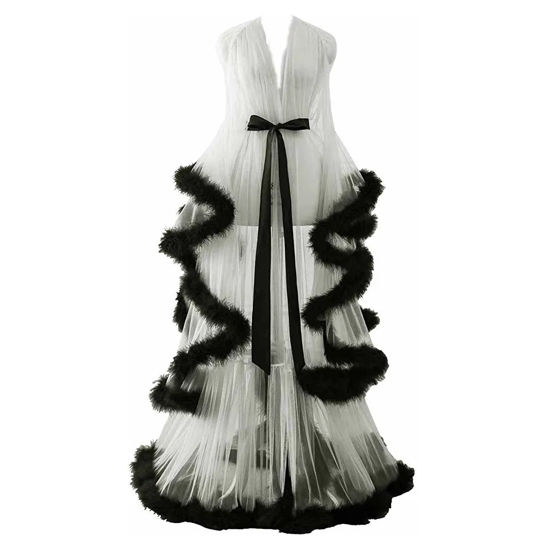 Hollywood Glam Sheer Fluffy Floor-length Feather Tulle Robe