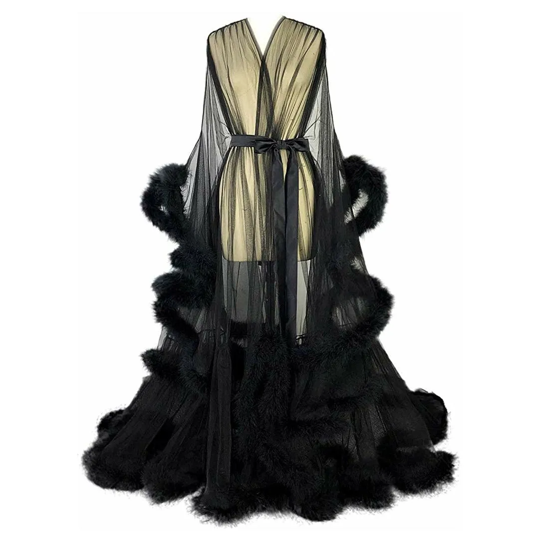 Hollywood Glam Sheer Fluffy Floor-length Feather Tulle Robe