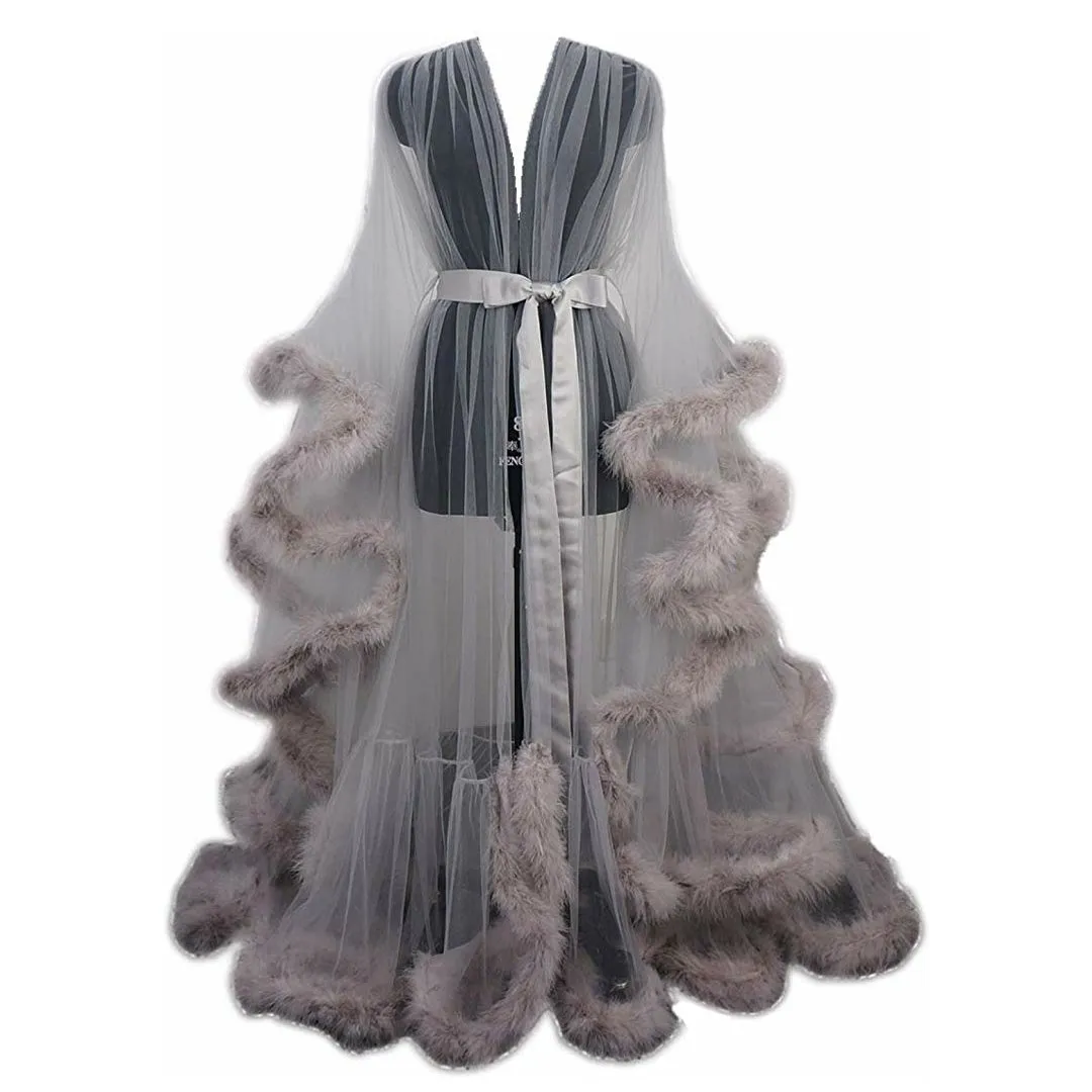 Hollywood Glam Sheer Fluffy Floor-length Feather Tulle Robe