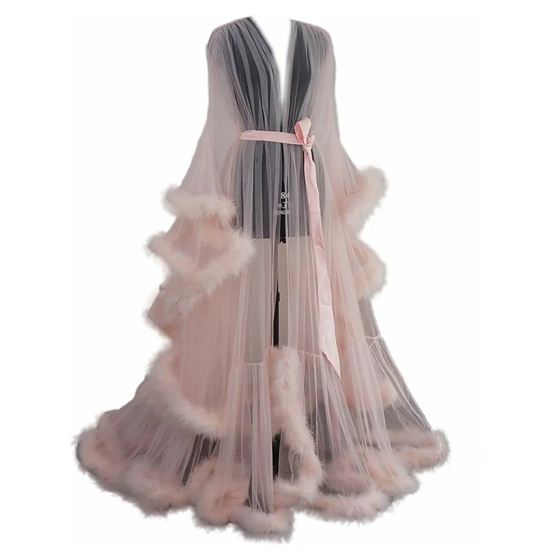Hollywood Glam Sheer Fluffy Floor-length Feather Tulle Robe