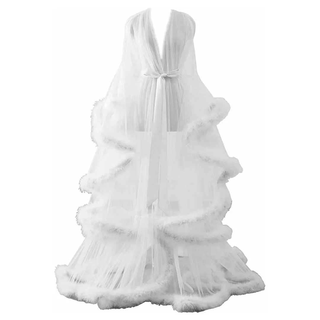 Hollywood Glam Sheer Fluffy Floor-length Feather Tulle Robe
