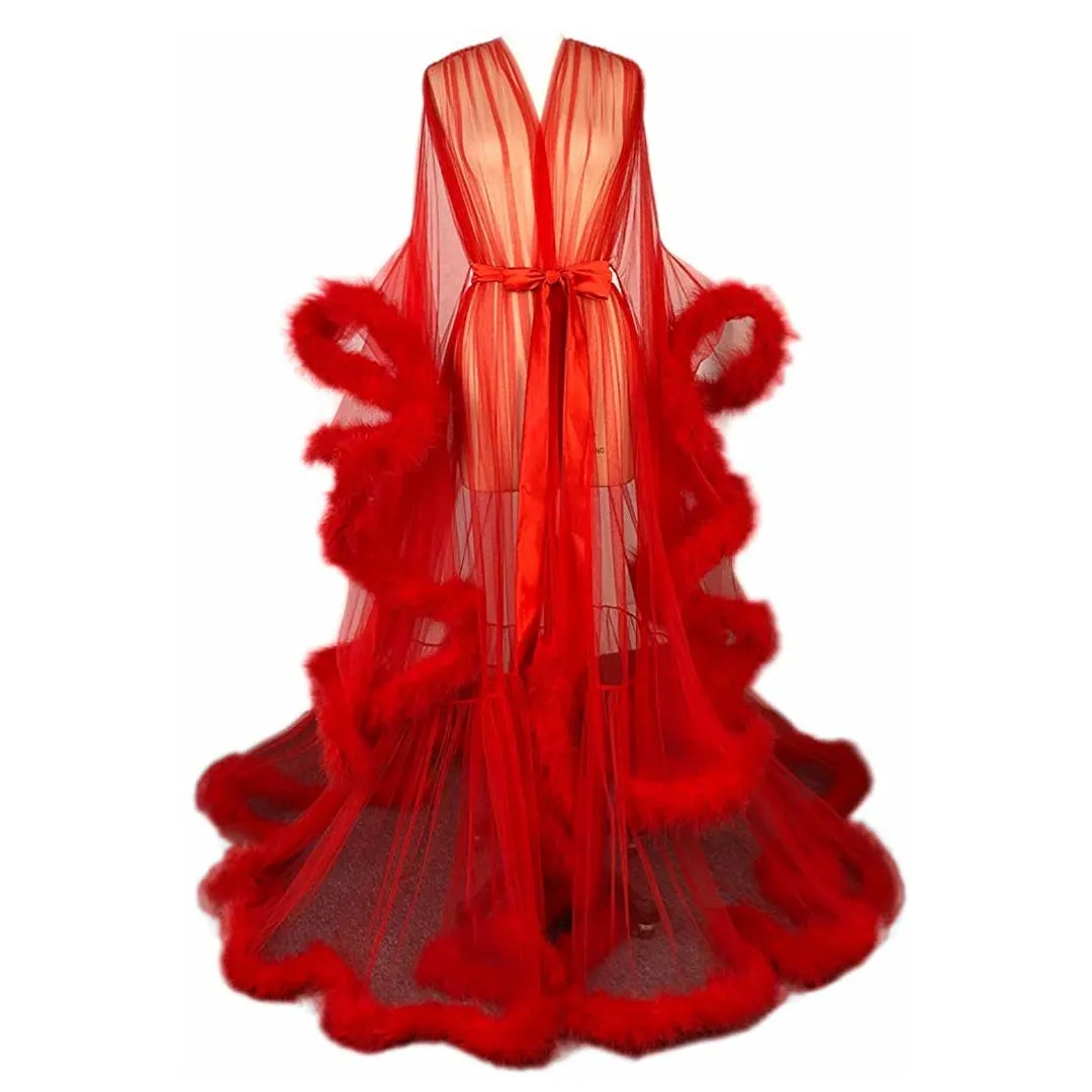 Hollywood Glam Sheer Fluffy Floor-length Feather Tulle Robe