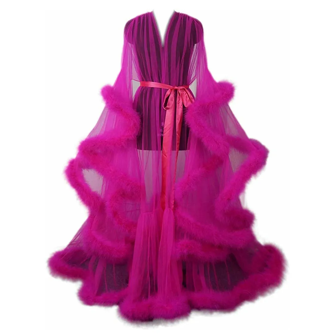 Hollywood Glam Sheer Fluffy Floor-length Feather Tulle Robe