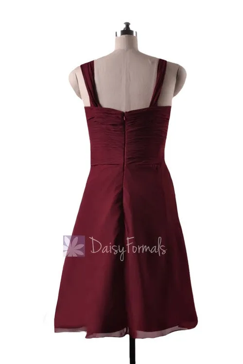In stock,Ready to Ship - Knee Length Pleated Sweetheart Red Chiffon Bridesmaid Dress(BM732S) - (Falu Red, Sz12)