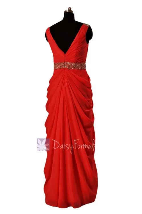 In stock,Ready to Ship - Long Beaded V-Neck Red Chiffon Bridesmaid Dress(BM876L) - (#8 Red, Sz14)