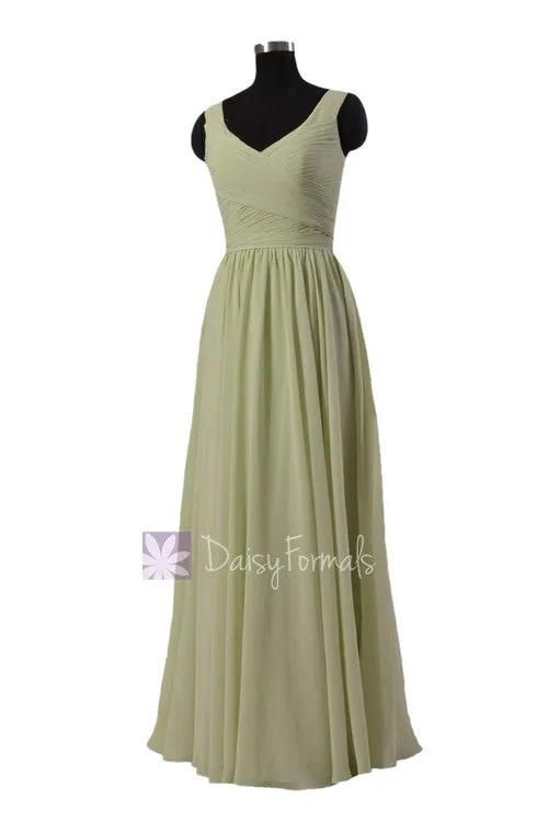 In stock,Ready to Ship - Long V-Neck Green Chiffon Bridesmaid Dress(BM5196L) - (#33 Tea Green, Sz10)
