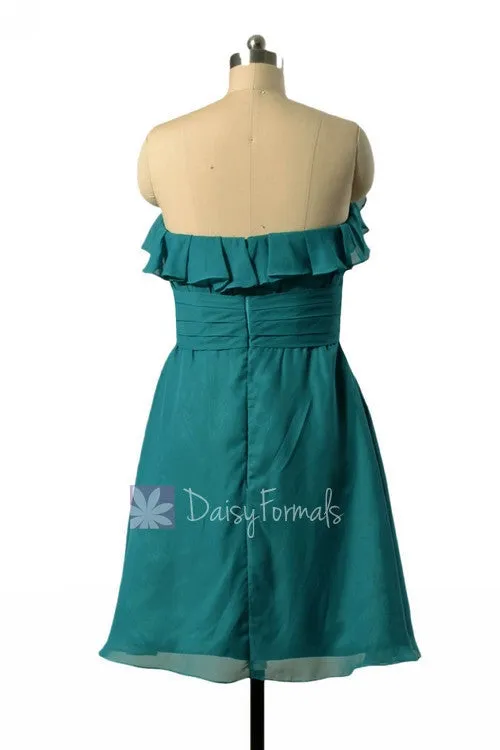 In stock,Ready to Ship - Mini Length Sweetheart Pine Green Chiffon Bridesmaid Dress (BM1549SD)- (#43 Pine Green)