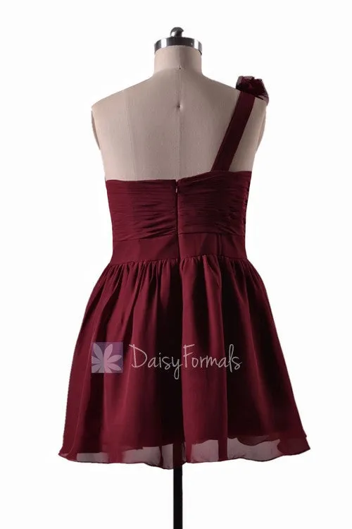 In stock,Ready to Ship - Plus Size Red One Shoulder Mini Length Chiffon Bridesmaid Dress(BM223N) - (Falu Red)