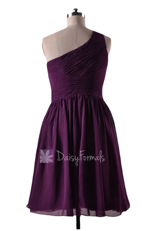 In stock,Ready to Ship - Short One Shoulder Purple Chiffon Bridesmaid Dress(BM351) - (#2 Byzantium)