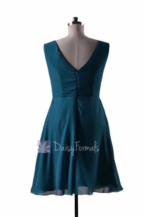 In stock,Ready to Ship - Short V-Neck Rich Teal Bridesmaid Dress(BM5194S) - (Rich Teal)
