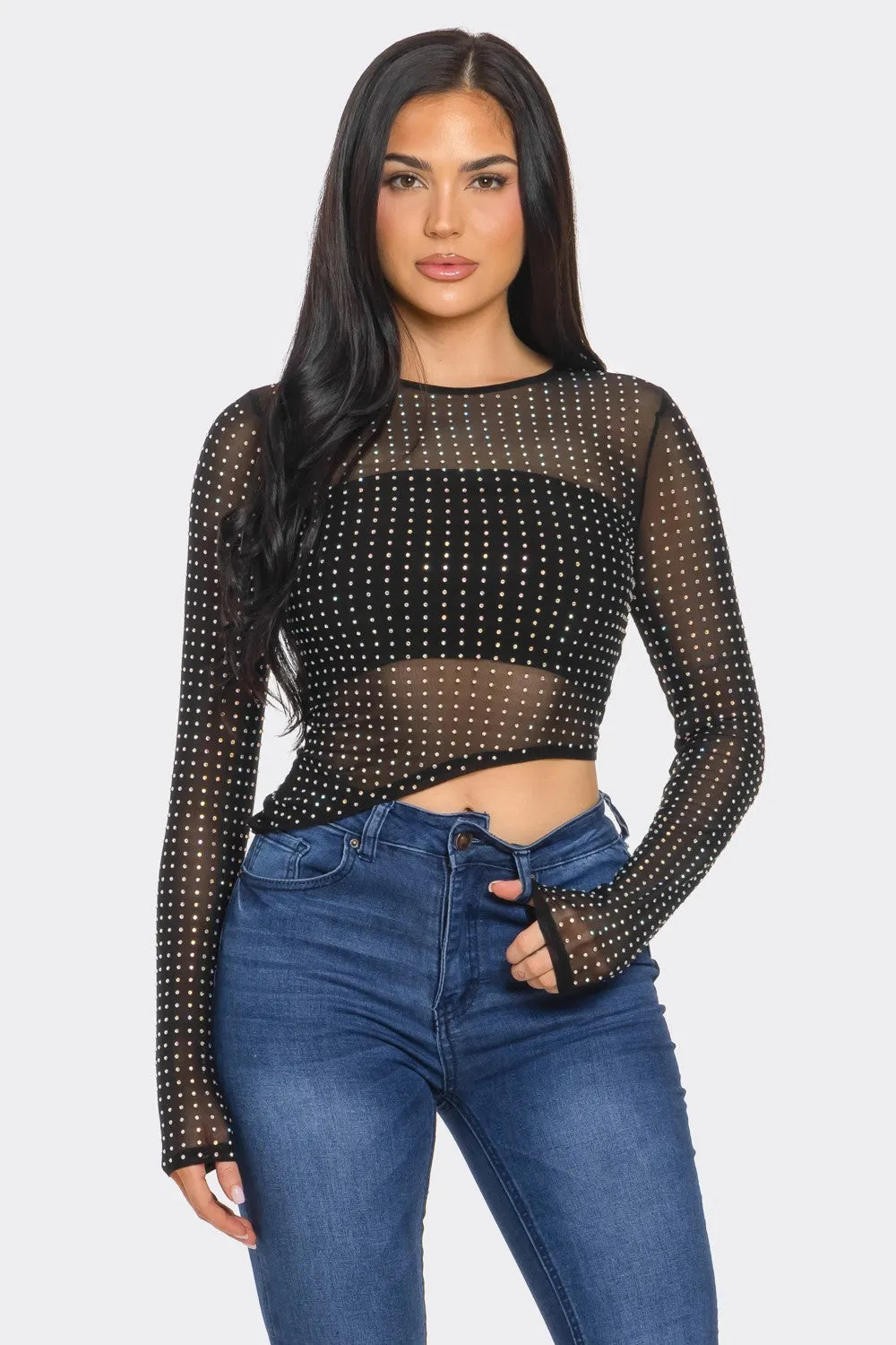 Ivory Rhinestone Studded Long Sleeve Asym Hem Top 11/17/24 9218