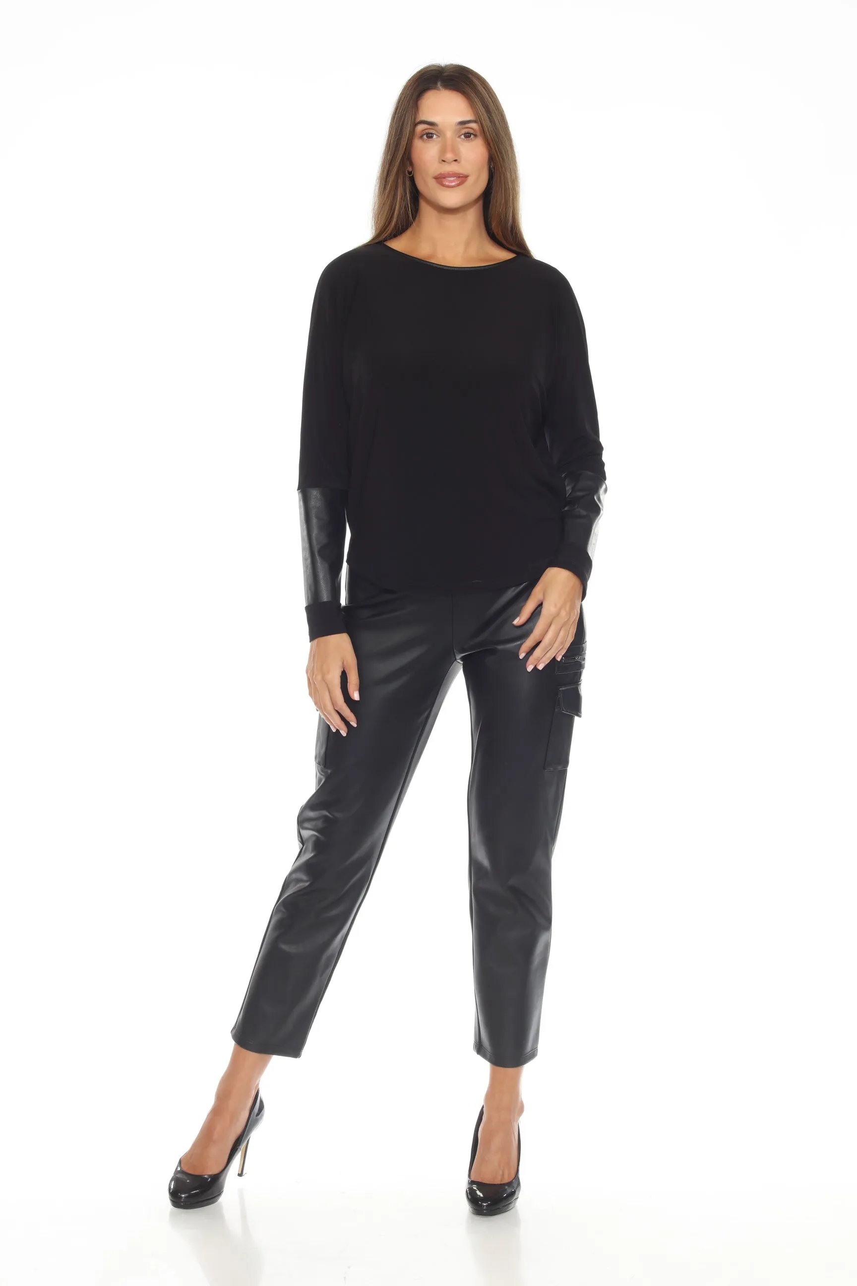 Joseph Ribkoff Black Faux Leather Insert Dolman Sleeve Top 244076