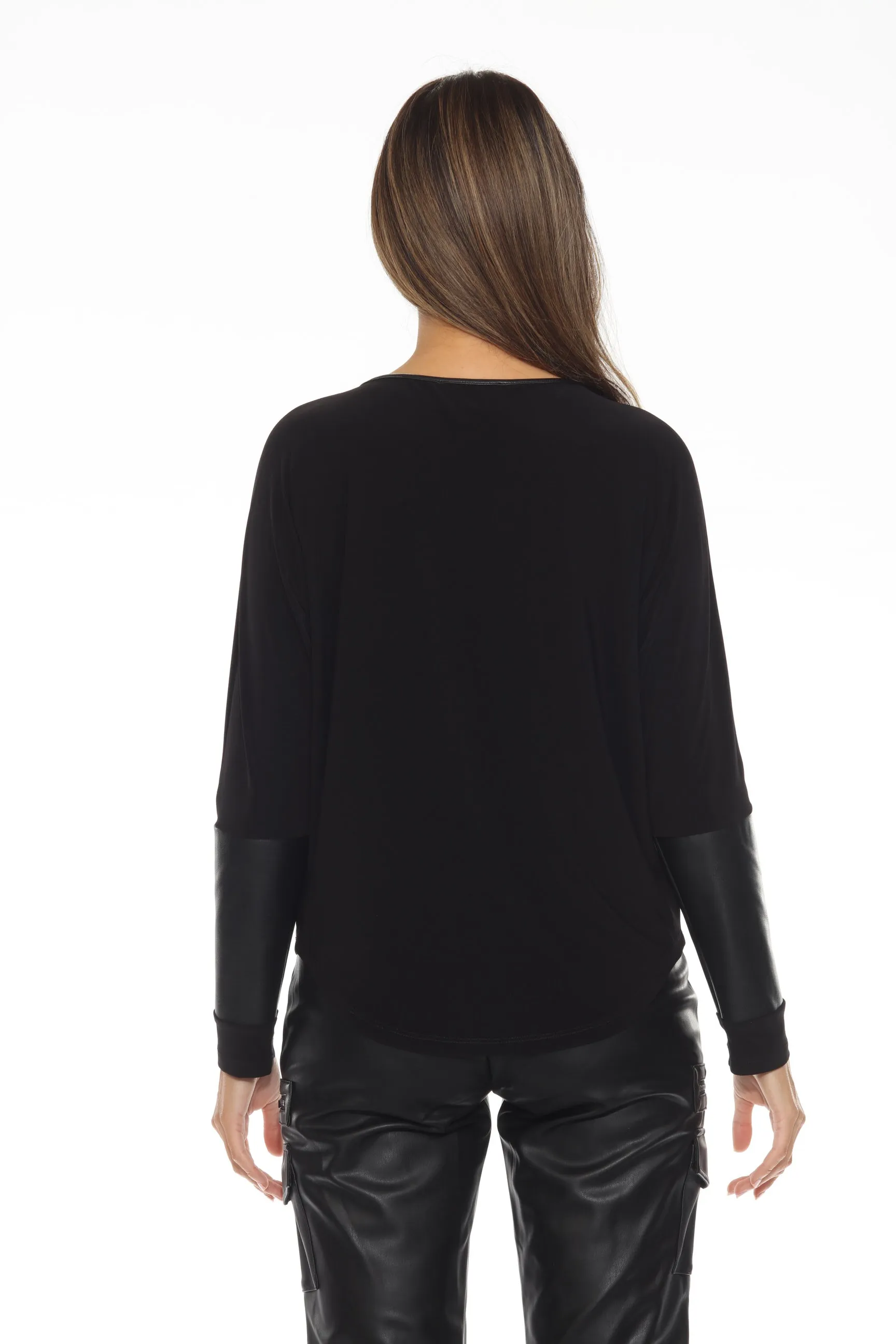 Joseph Ribkoff Black Faux Leather Insert Dolman Sleeve Top 244076