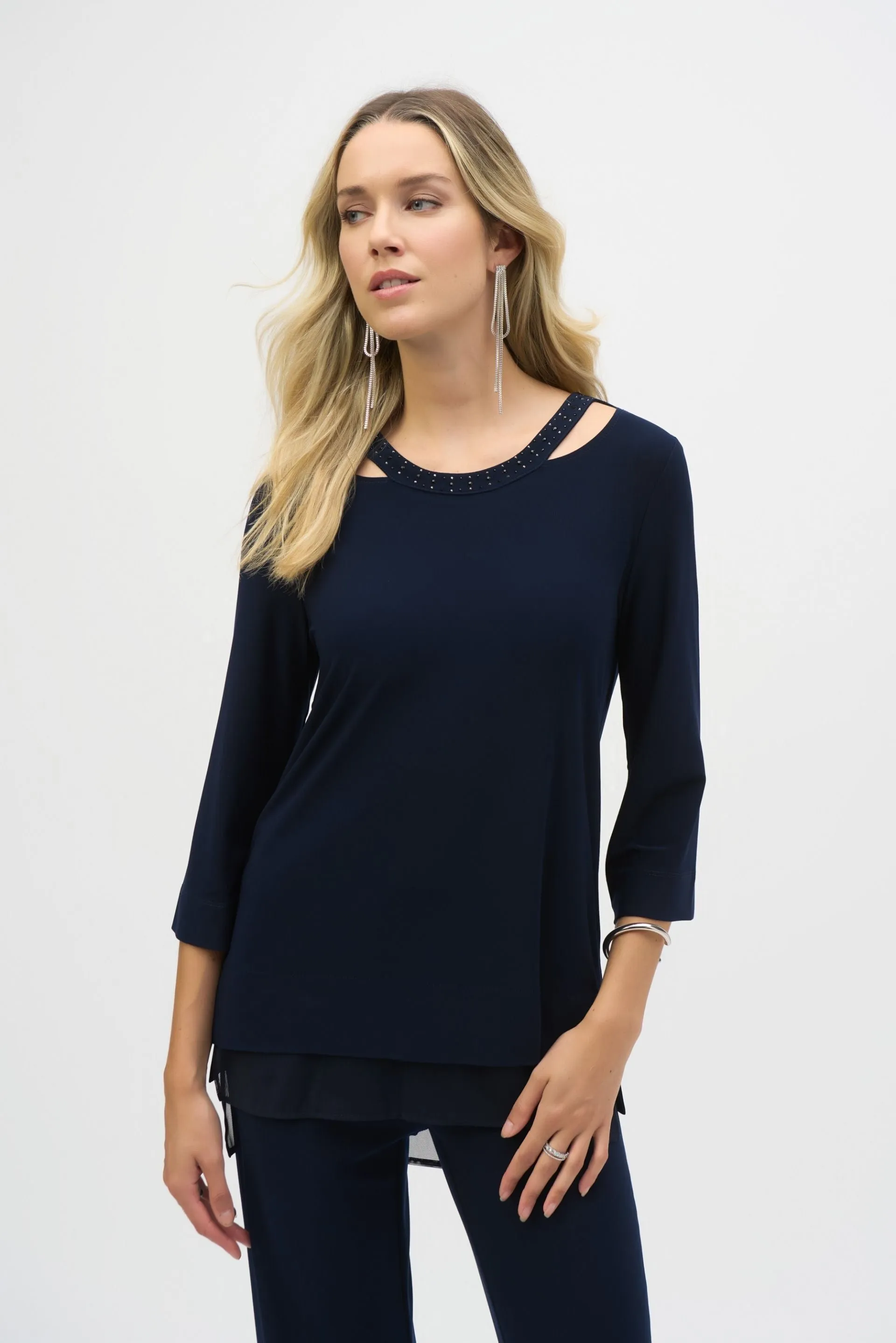 Joseph Ribkoff Studded Cutout Neck Tunic Top 243109