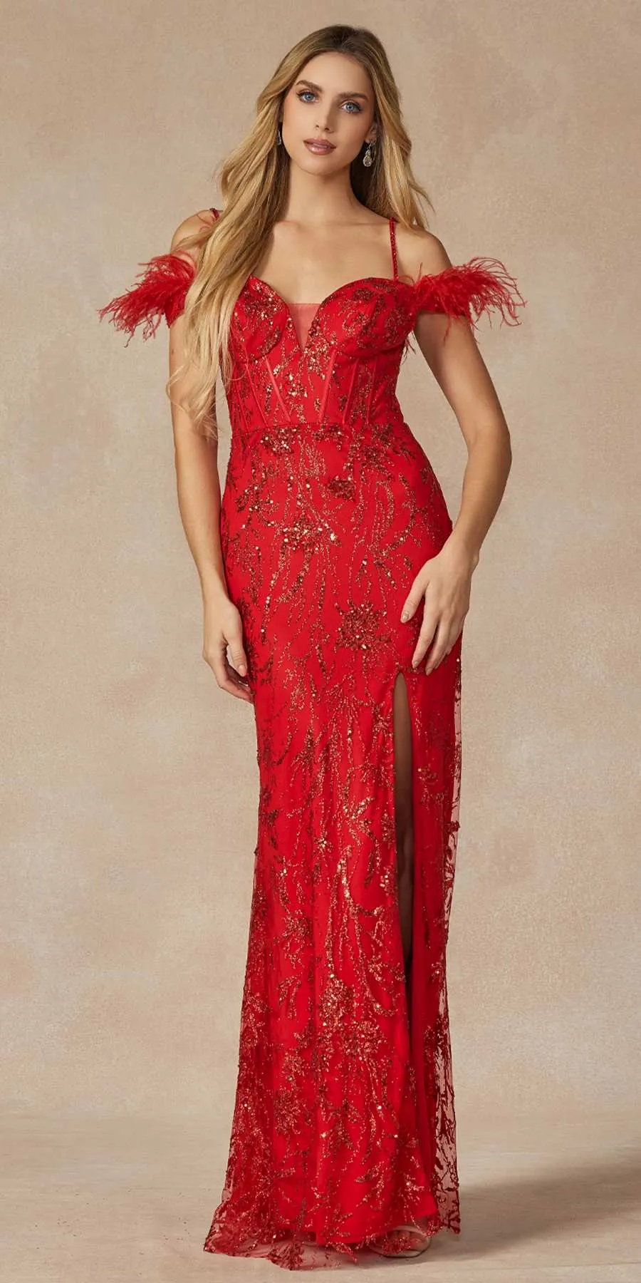Juliet 2402 Glitter Leaf Sequin Gown with Feathered Sleeves and Slit