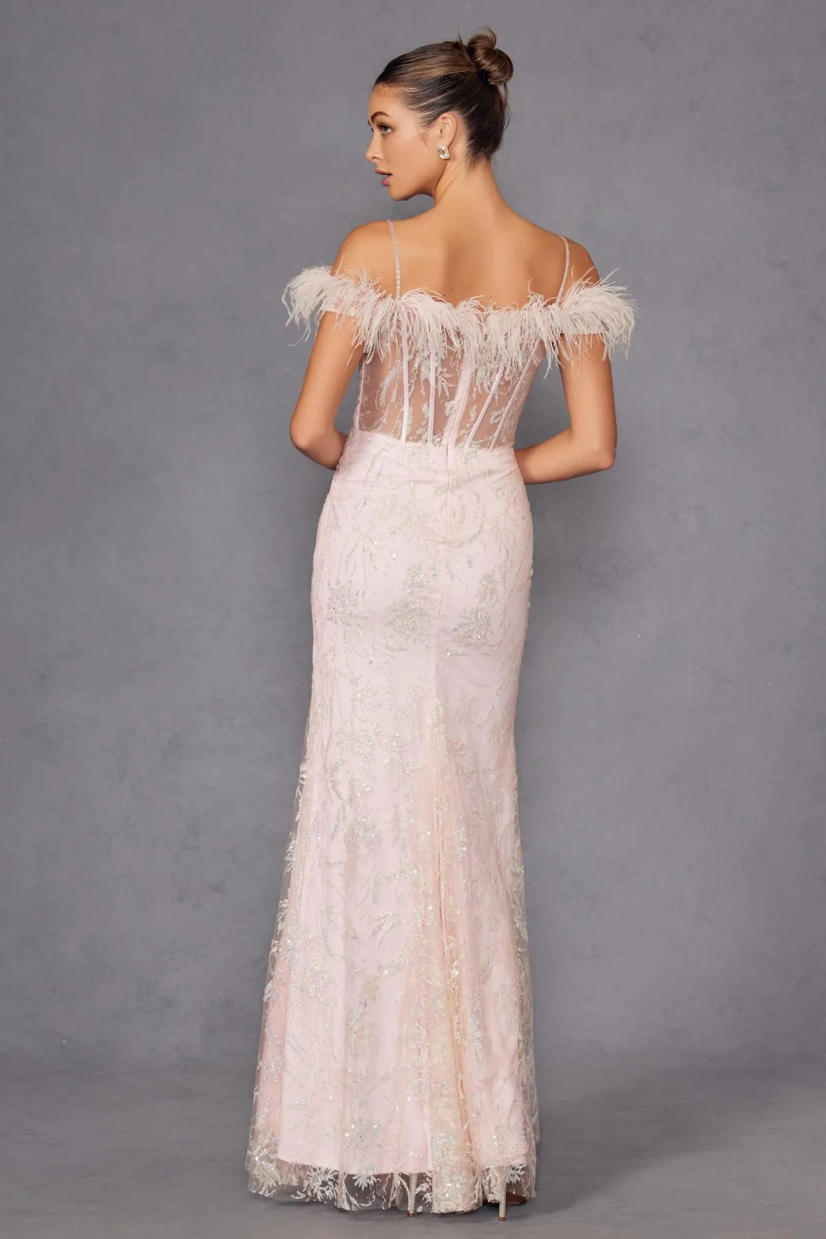 Juliet 2402 Glitter Leaf Sequin Gown with Feathered Sleeves and Slit