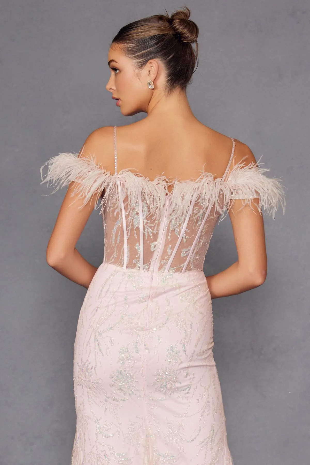 Juliet 2402 Glitter Leaf Sequin Gown with Feathered Sleeves and Slit