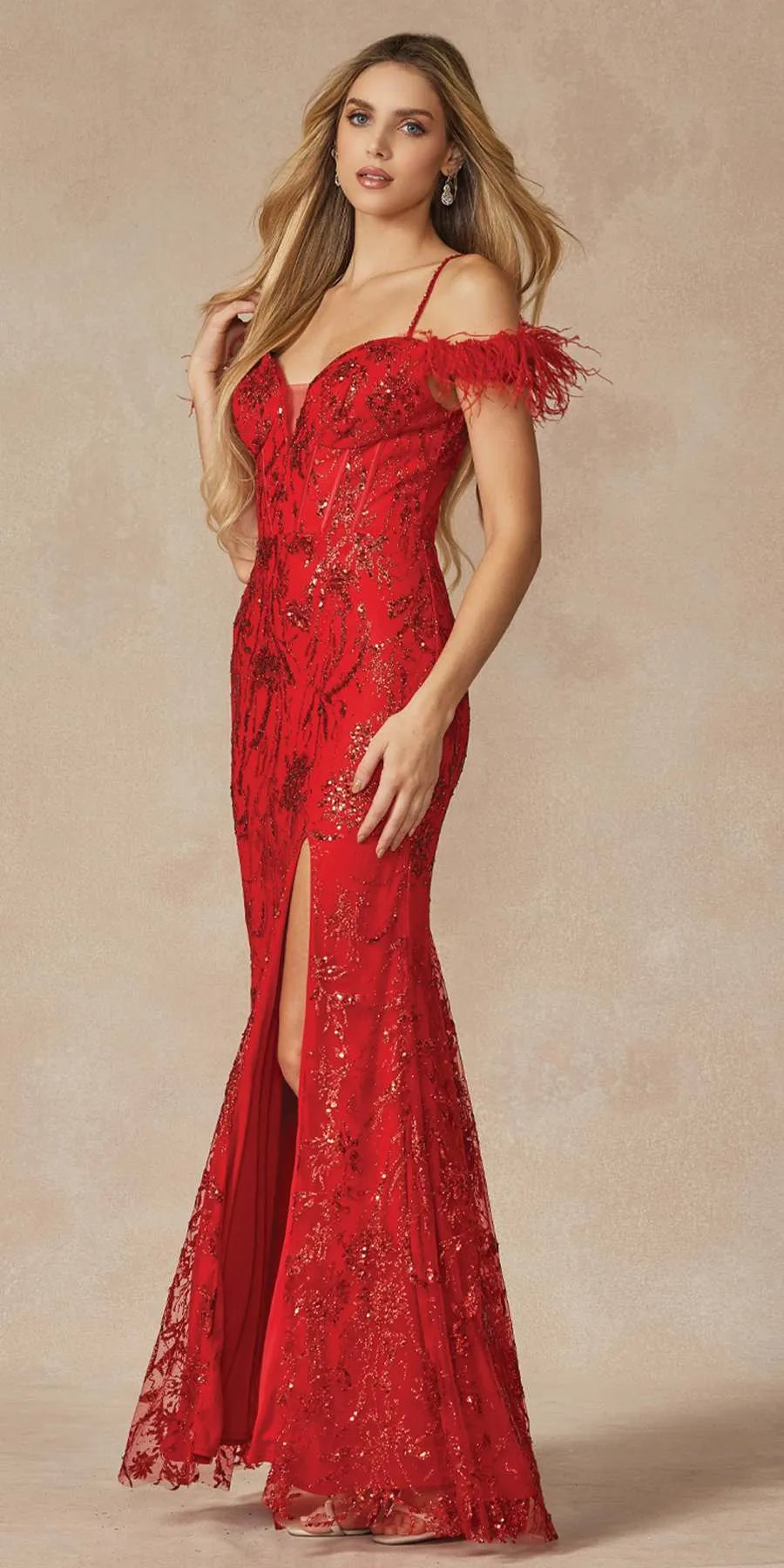 Juliet 2402 Glitter Leaf Sequin Gown with Feathered Sleeves and Slit