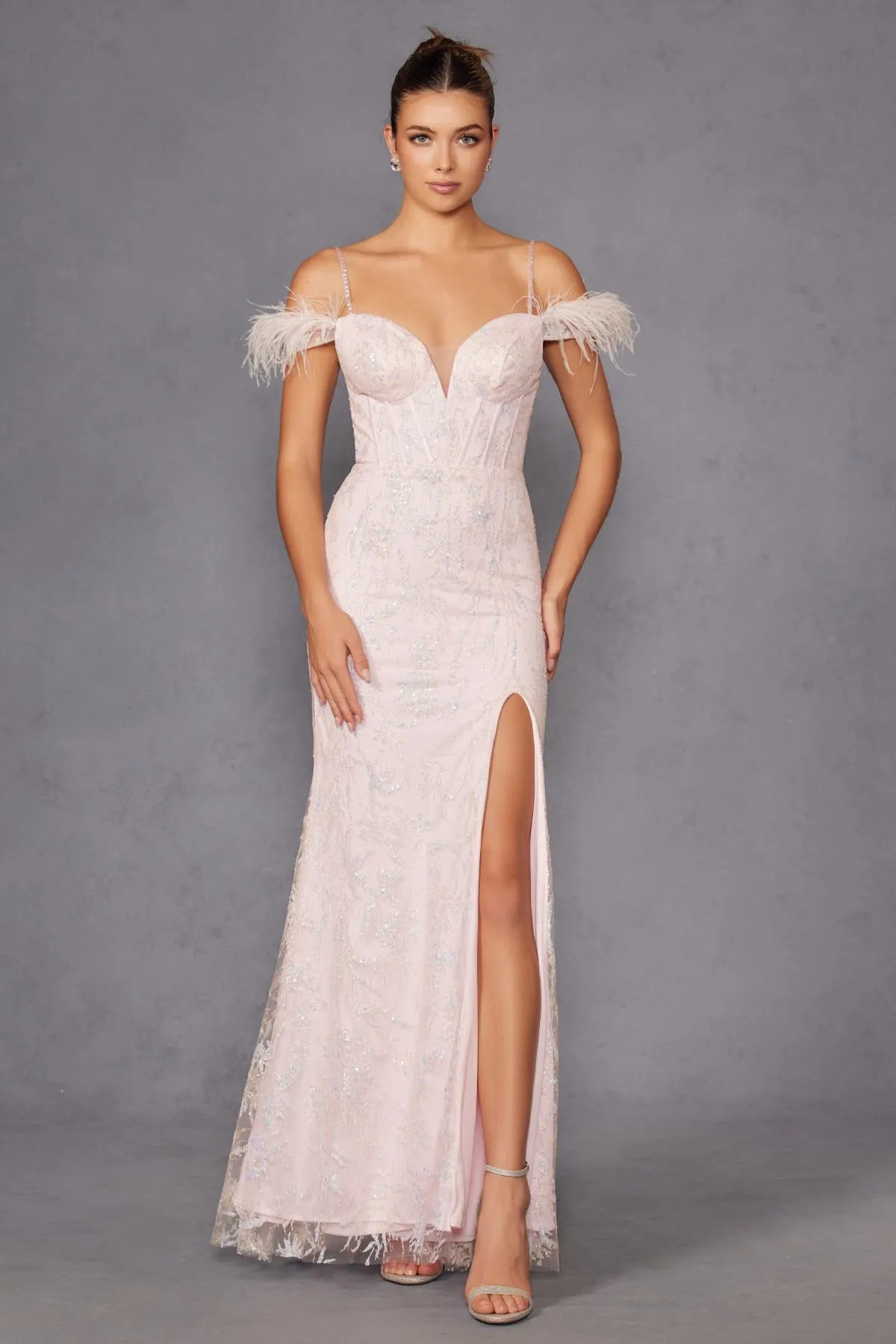 Juliet 2402 Glitter Leaf Sequin Gown with Feathered Sleeves and Slit
