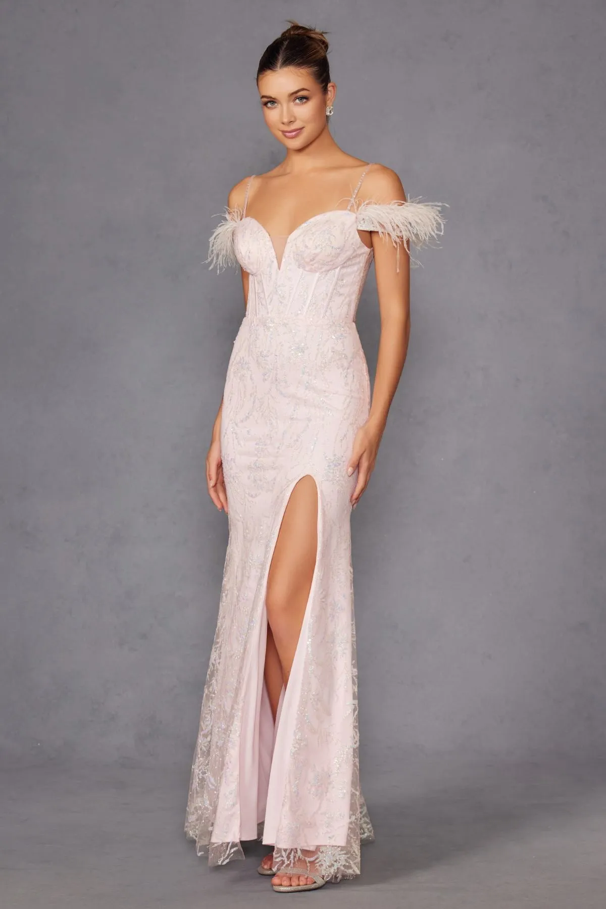 Juliet 2402 Glitter Leaf Sequin Gown with Feathered Sleeves and Slit